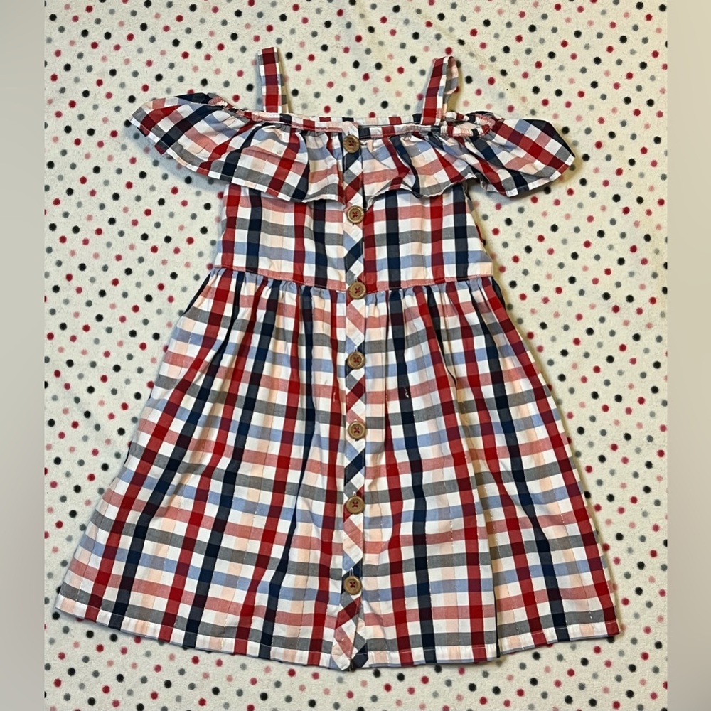 Sz 6 Plaid Red White Blue Dress with Ruffle Sleeves